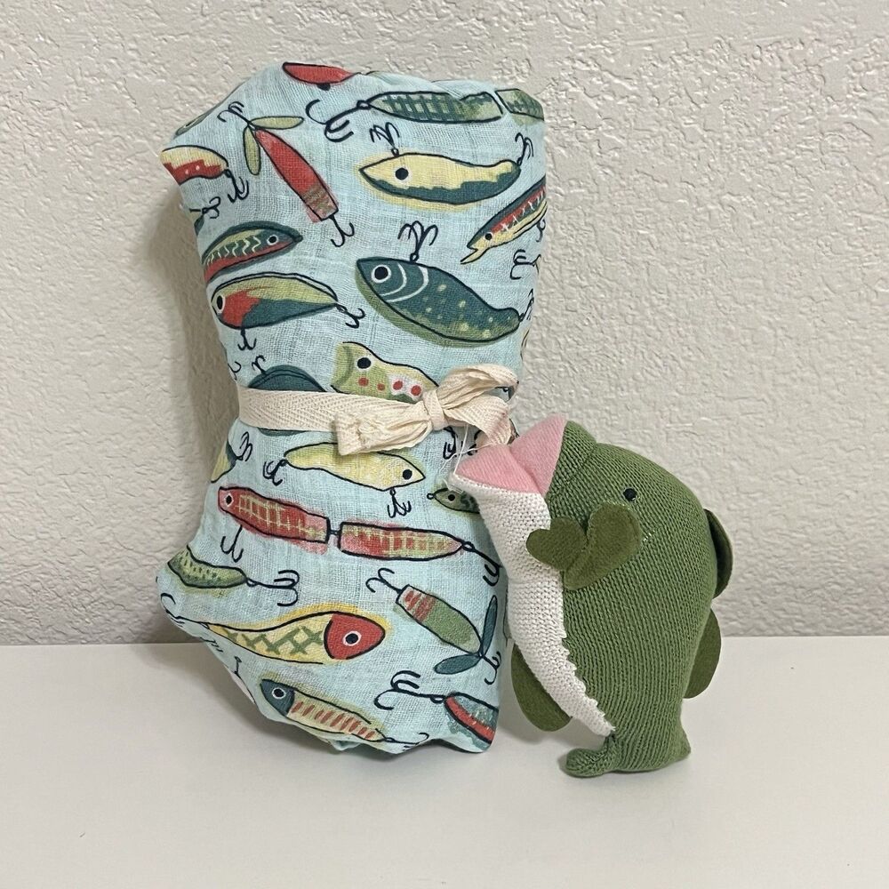 Mud Pie Fishing Lure Muslin Swaddle Blanket & Fish Rattle Baby Set